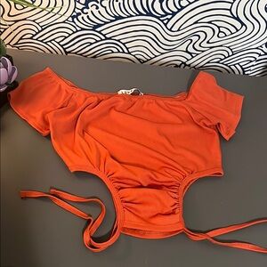 Love J Orange Off-Shoulder Cutout Top